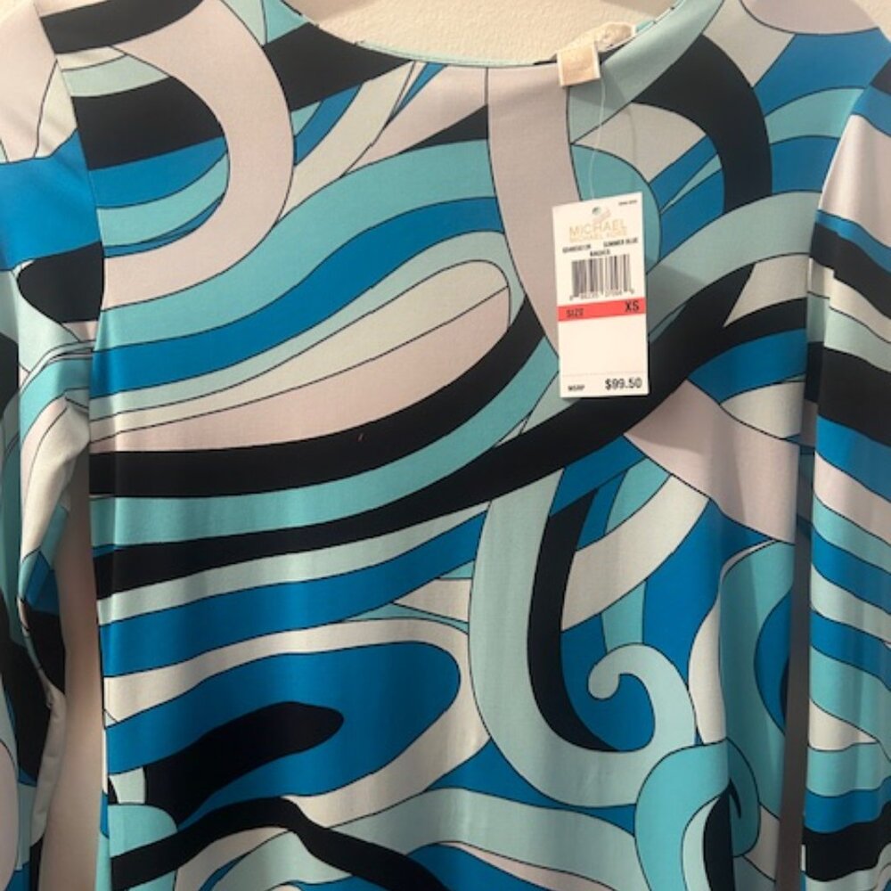 Michael Kors Abstract Geometric Retro Print Shades of Blue Stretch MiniDress NWT - Picture 6 of 16